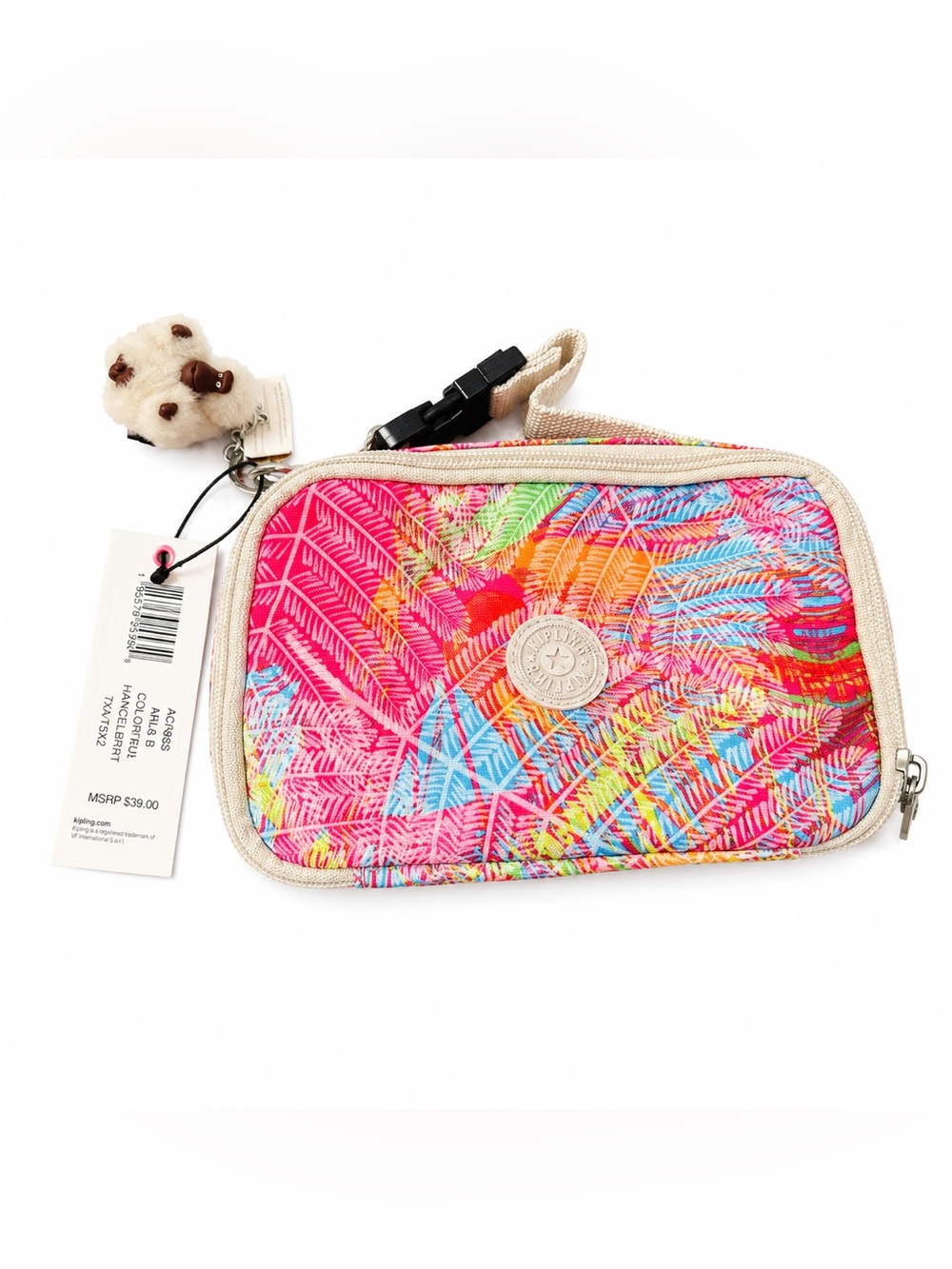 NWT Kipling Mila S Pouch Wallet Tropical Print Wristlet w/ Monkey Charm